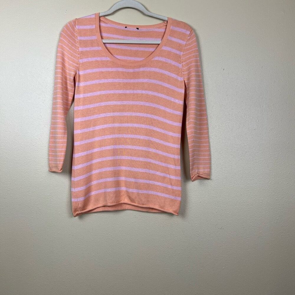 Top Pullover Knit Silk Cotton Stripe Pink Orange S